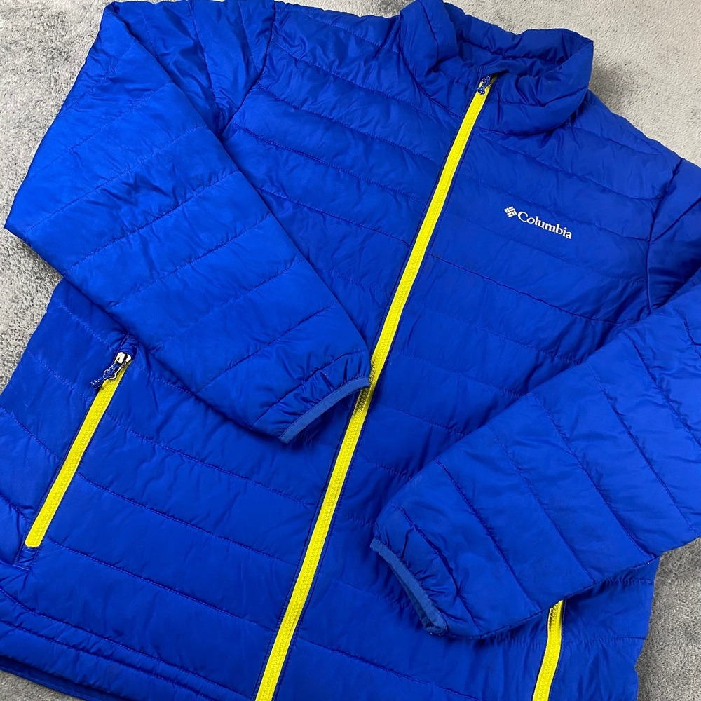 Columbia Mens Large Puffer Jacket Blue Yellow Thermal Coil Quilted Insulated